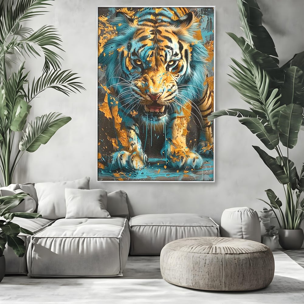 Tablou canvas cu tablou canvas cu tigru furios, in rama de aluminiu argintiu, pe perete intr-un living